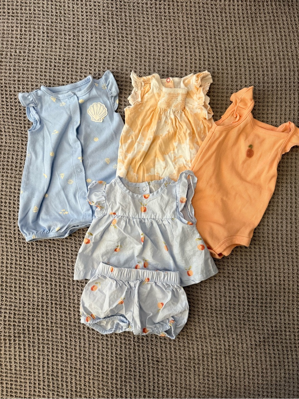 Carters + Burts Bees Baby Girl Bundle  0-3mo, Peach + Light Blue Outfits